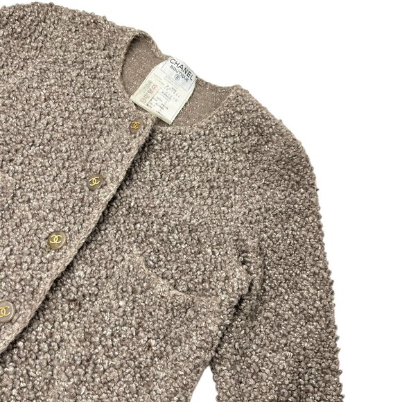 CHANEL Vintage 93A CC Mark Logo Button Long Coat #38 Greige Wool Pocket [105056] - Picture 6 of 13